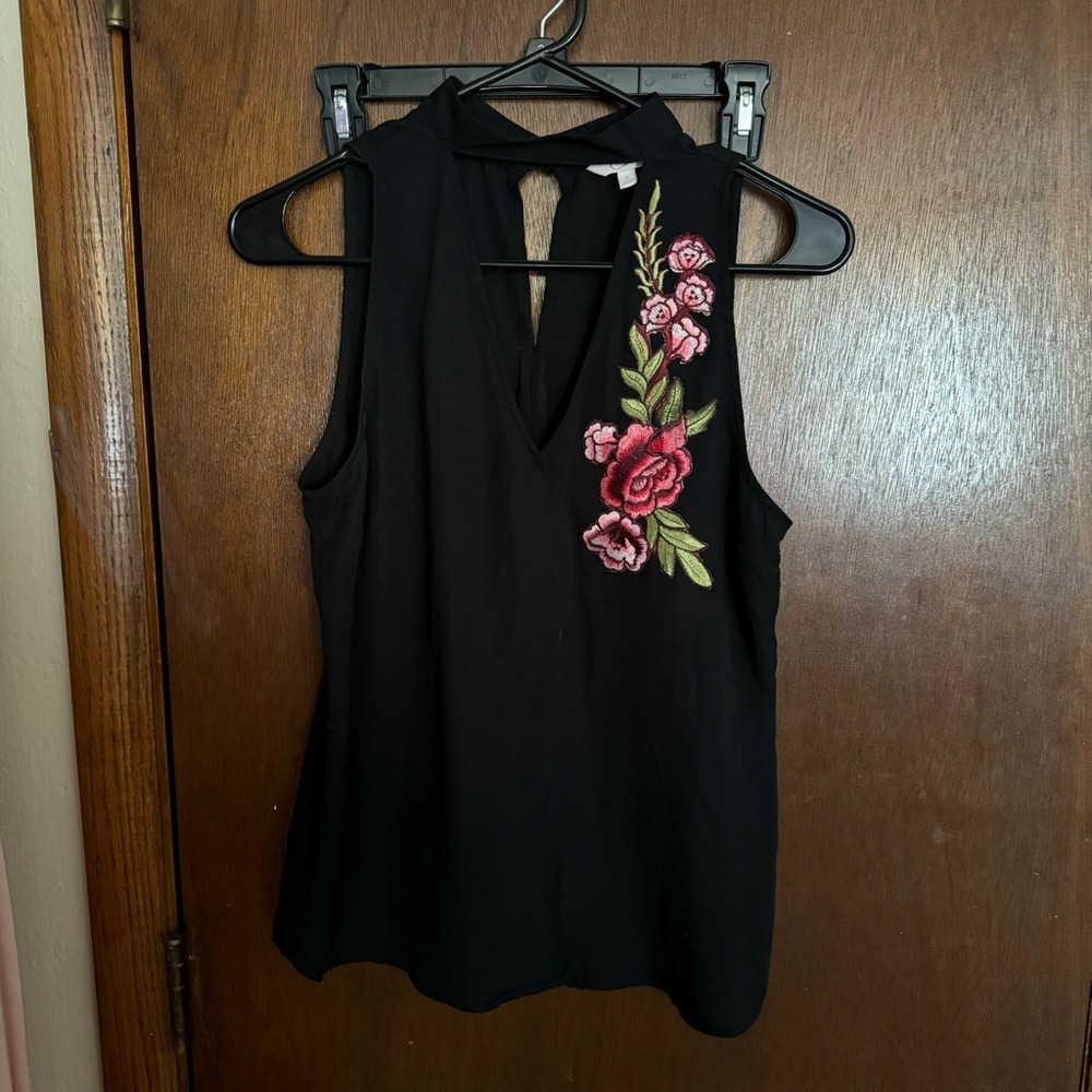 Candie’s Floral Embroidered Semi Sheer Sleeveless V-Neck Keyhole Blouse